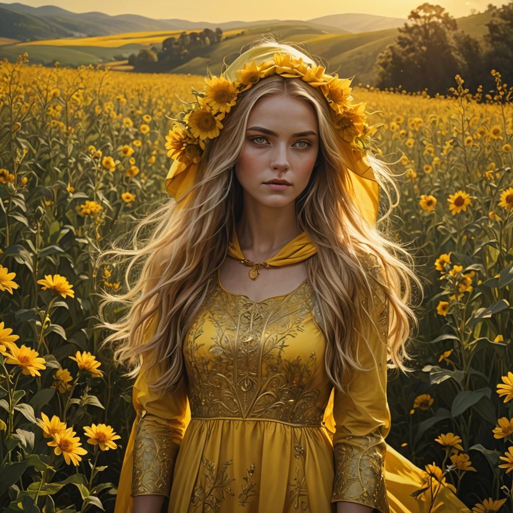 Golden Beauty in a Yellow Flower Field