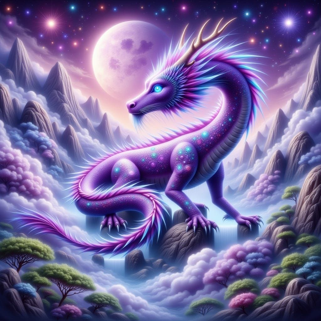 Mystical Purple Dragon Amidst Swirling Clouds and Lush Folia...