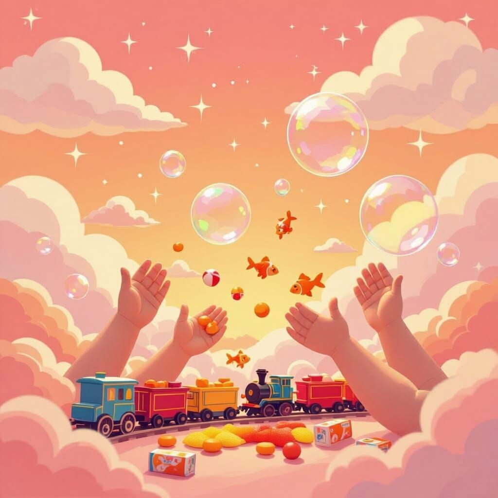 Whimsical Childhood Play Scene with Toys and Sky Elements
