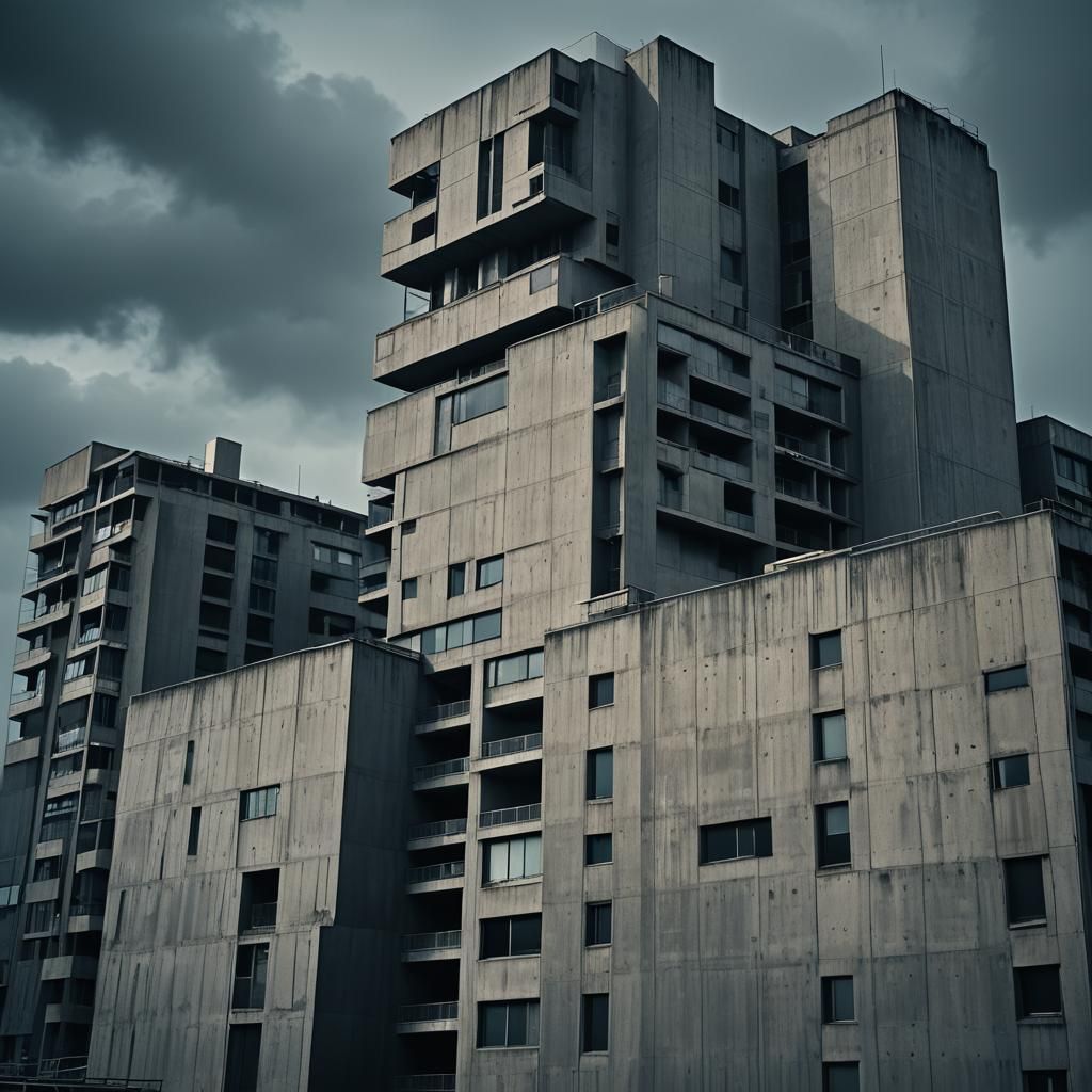Brutalist Building on Dark Ocean, Cinematic Film Still