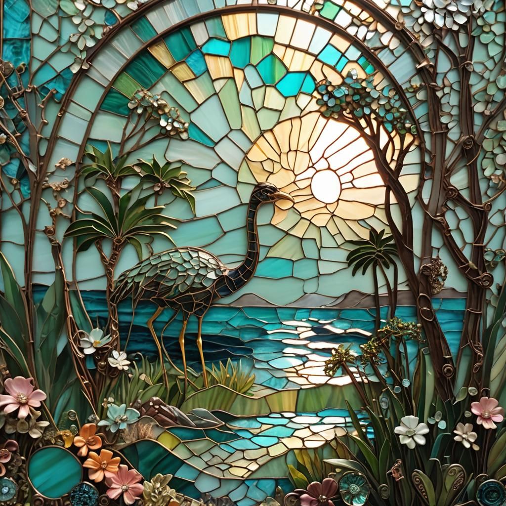 Tropical Lagoon Mosaic with Ostrich Sculpture