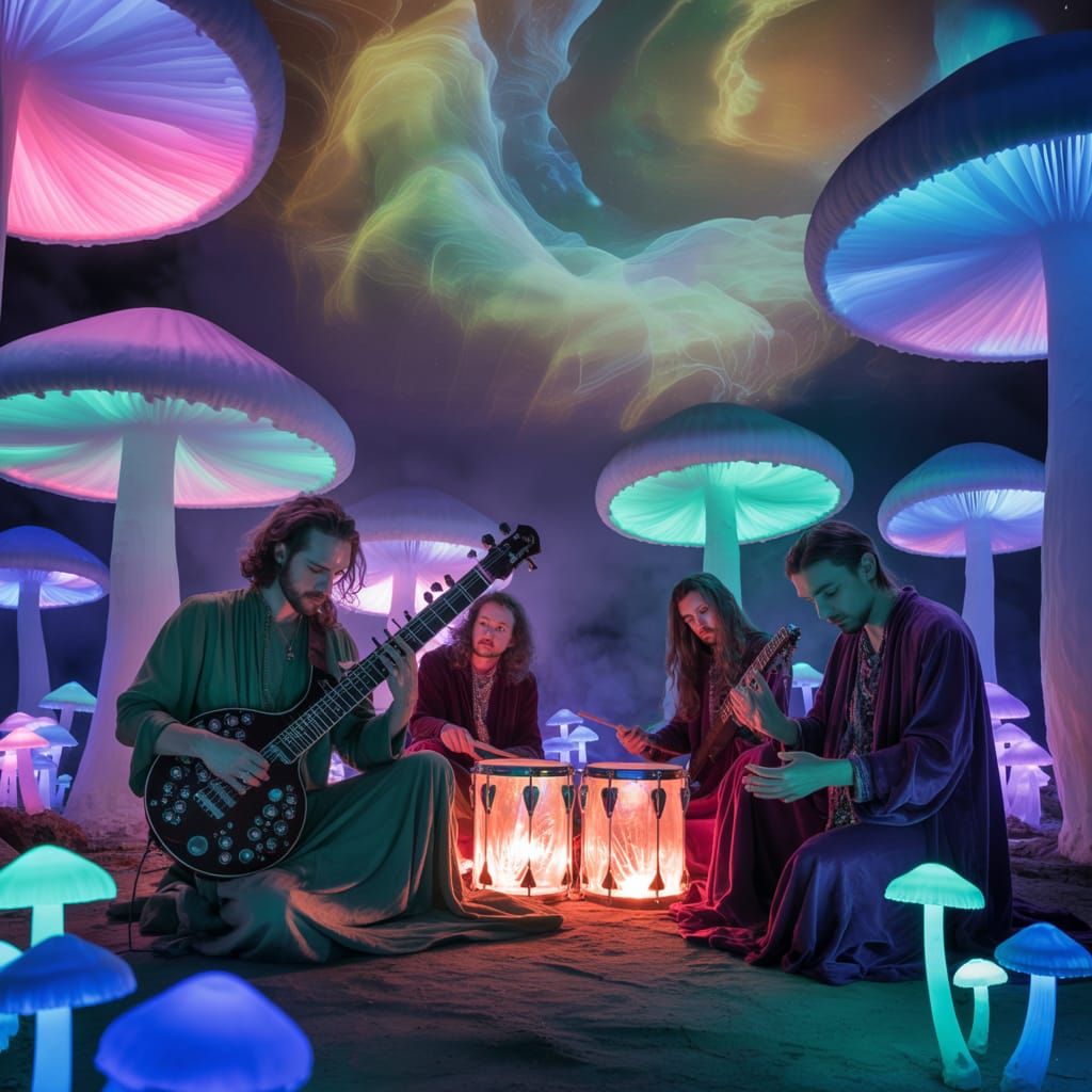 Psychedelic Rock Band in Bioluminescent Mushroom Forest