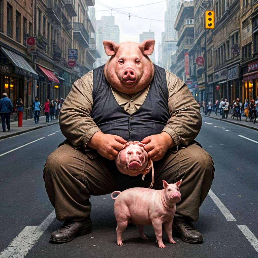 Futuristic Pig-Headed Beggar in Cityscape