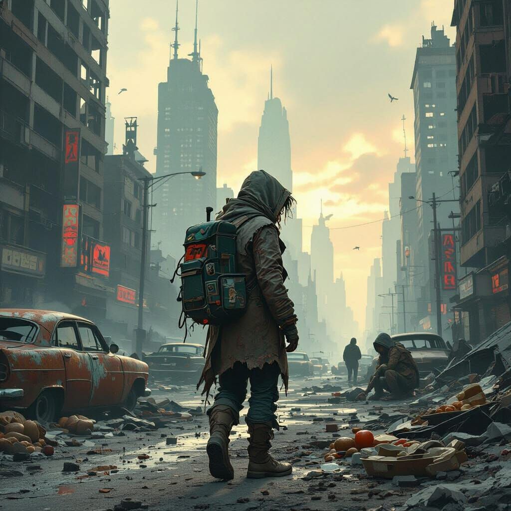 Post-EMP Survivors Scavenge a Ruined Cityscape