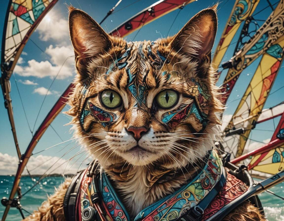 Anthropomorphic Cat Windsurfing: Surreal Fantasy Portrait