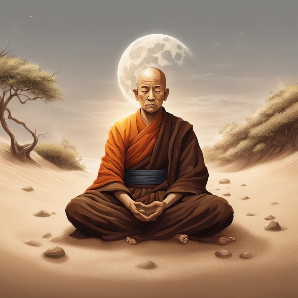 Peaceful Monk Meditating on a Sandy Beach