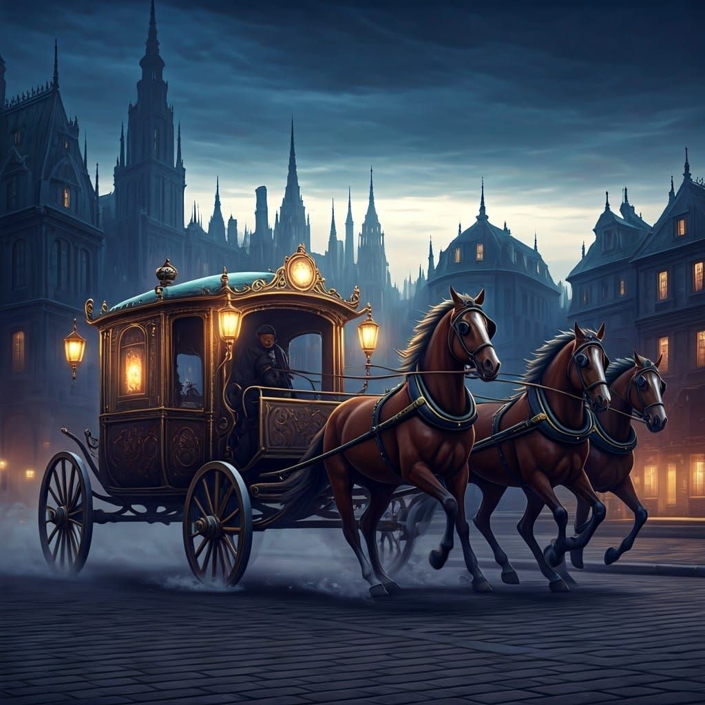 Horse-Drawn Chariot Ambulance in 19th-Century Cityscape