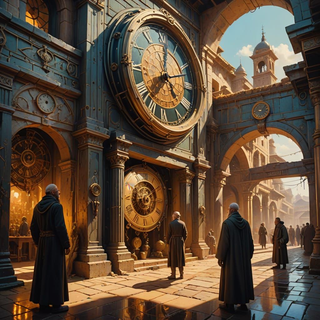 Surreal Encounter in Ancient Marketplace: Oil Painting