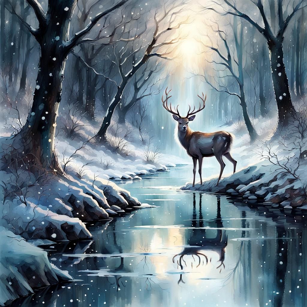 Luminous Silver Deer in Winter Forest at Night
