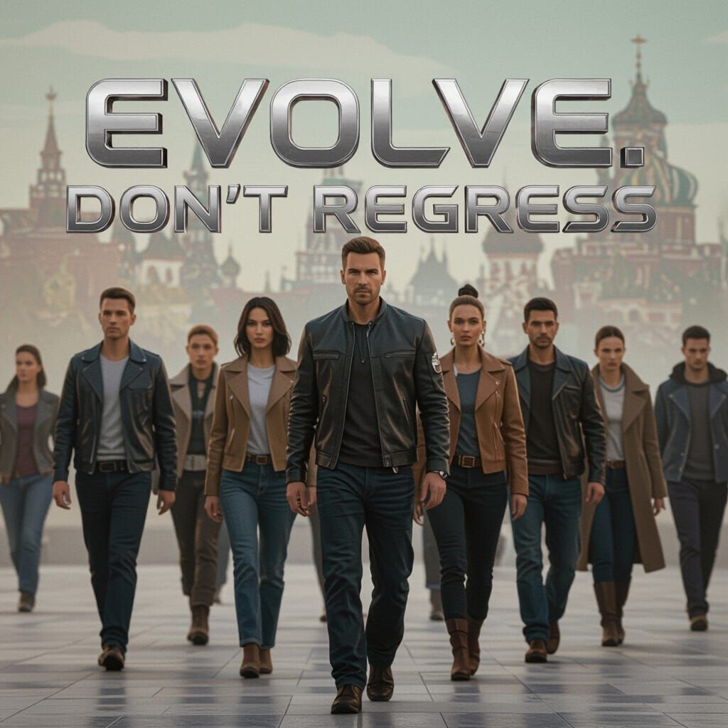 People Walking Forward with Retro-Futuristic Backdrop