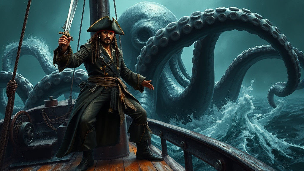 Captain Jack Sparrow Confronts Kraken in Stormy Seas