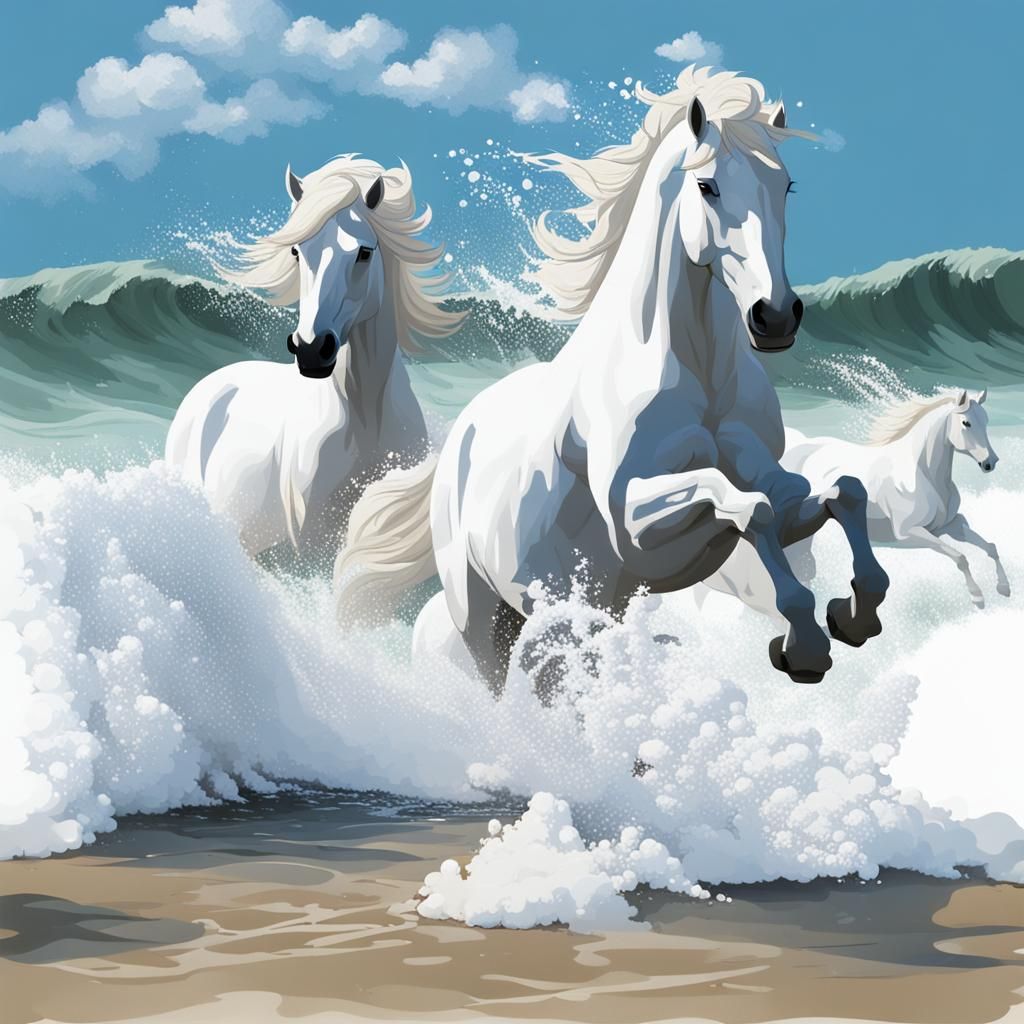 Foaming Water Horses Emerging from Crashing Waves