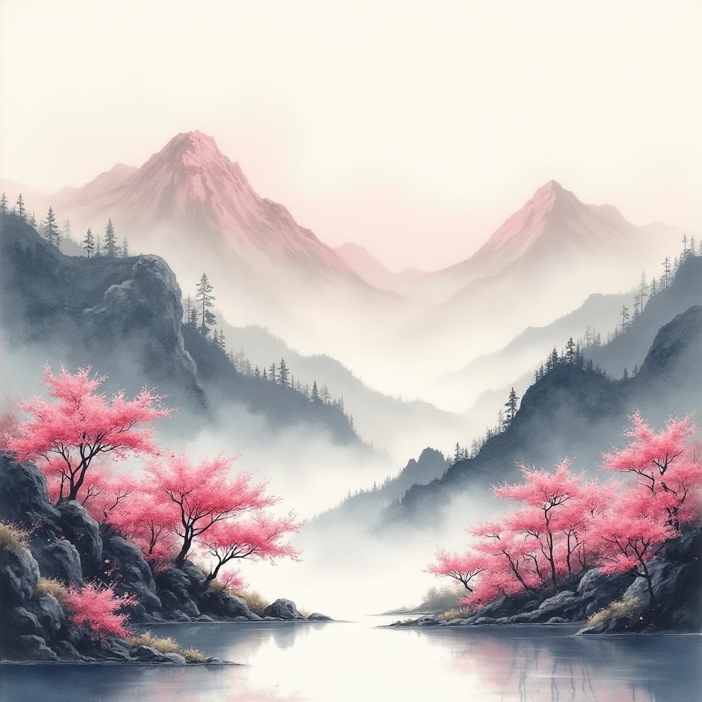 Blossoming Sakura Valley in Traditional Chinese Watercolor S...