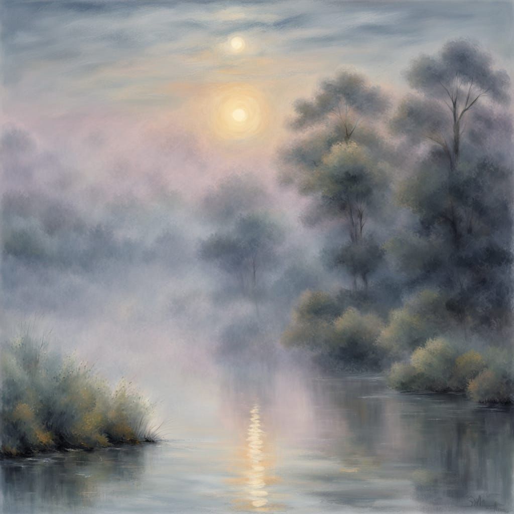 Misty Moonlit Lake in Impressionist Style