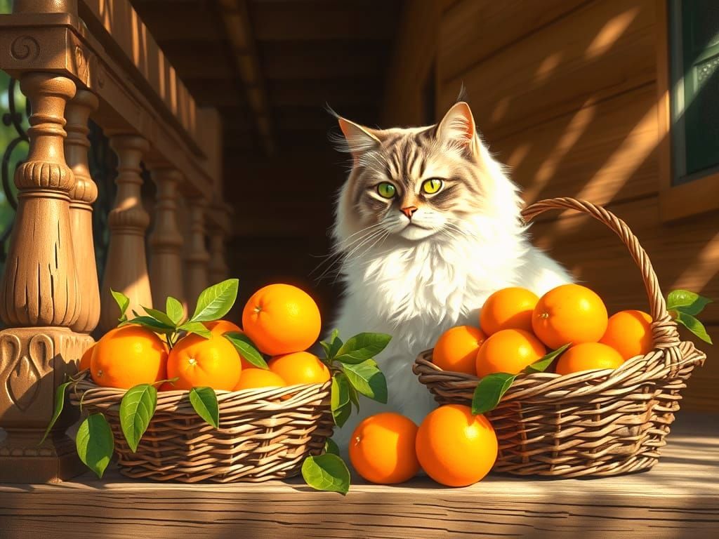 Fluffy Persian Cat with Ripe Oranges on Porch