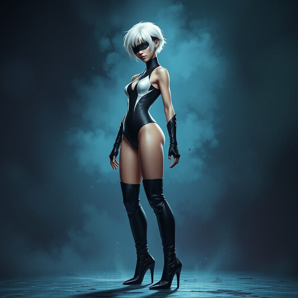 Slim Woman in Black and White Leotard Ready for Battle in a...