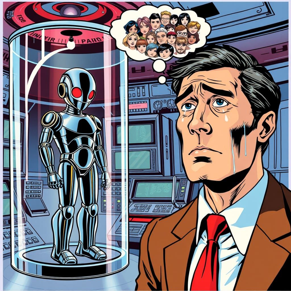 Retro-Style Comic Book Scene of Robot and Human