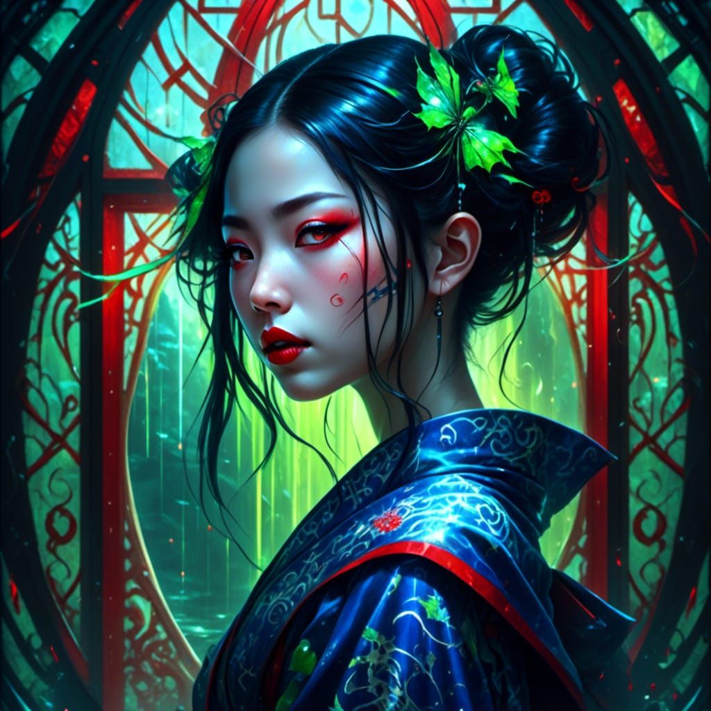 Gothic Geisha with Glowing Runes and Laser Eyes
