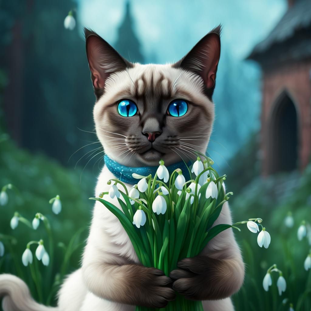 Siamese Cat Offering Snowdrops: Fantasy Concept Art