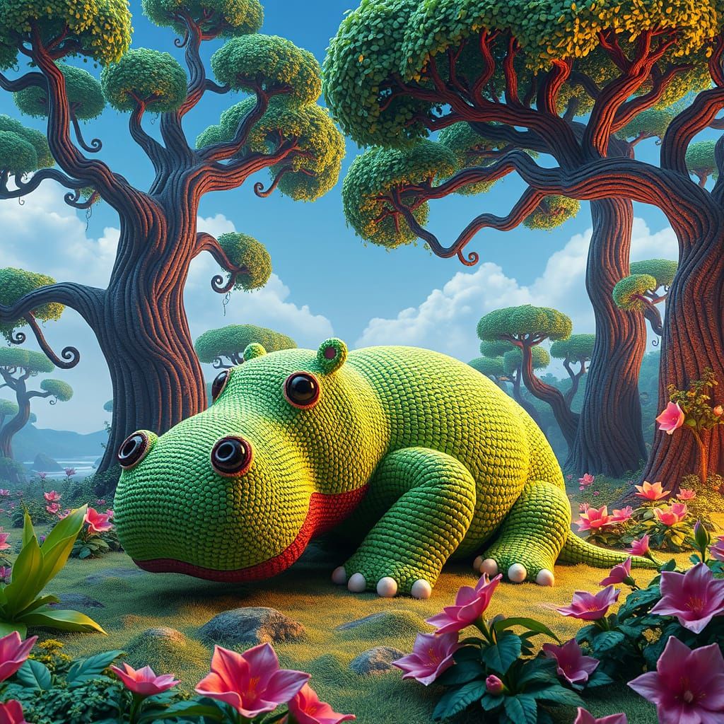 Vibrant Fantasy Hippopotamus in a Lush, Detailed Park, Croch...