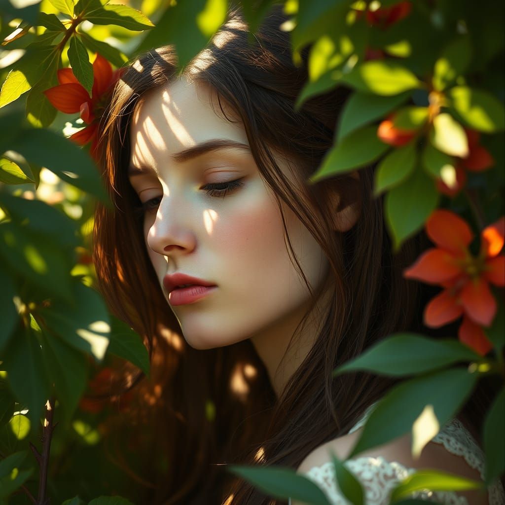 A Woman's Enchanted Face Amidst Lush Greenery
