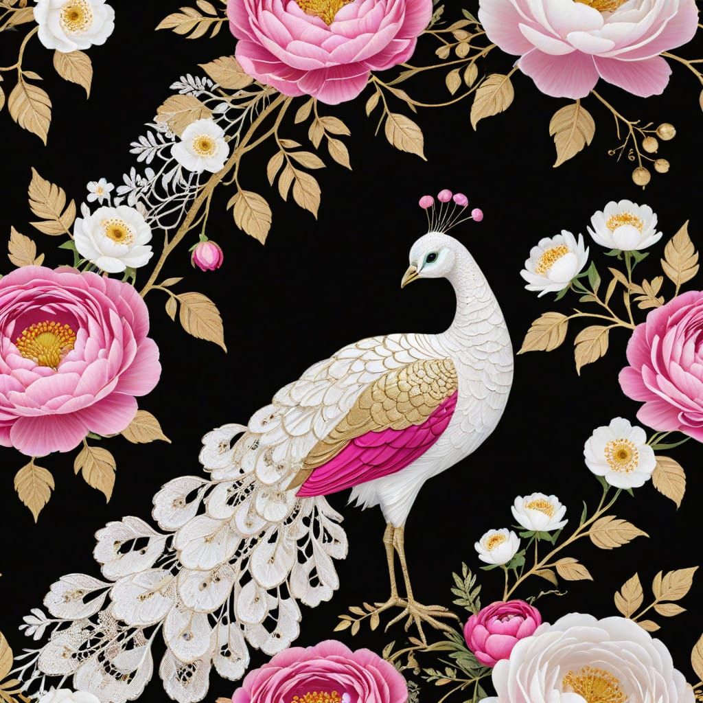 Elegant White Peacock Amidst Fuschia and Pink Blossoms in Go...