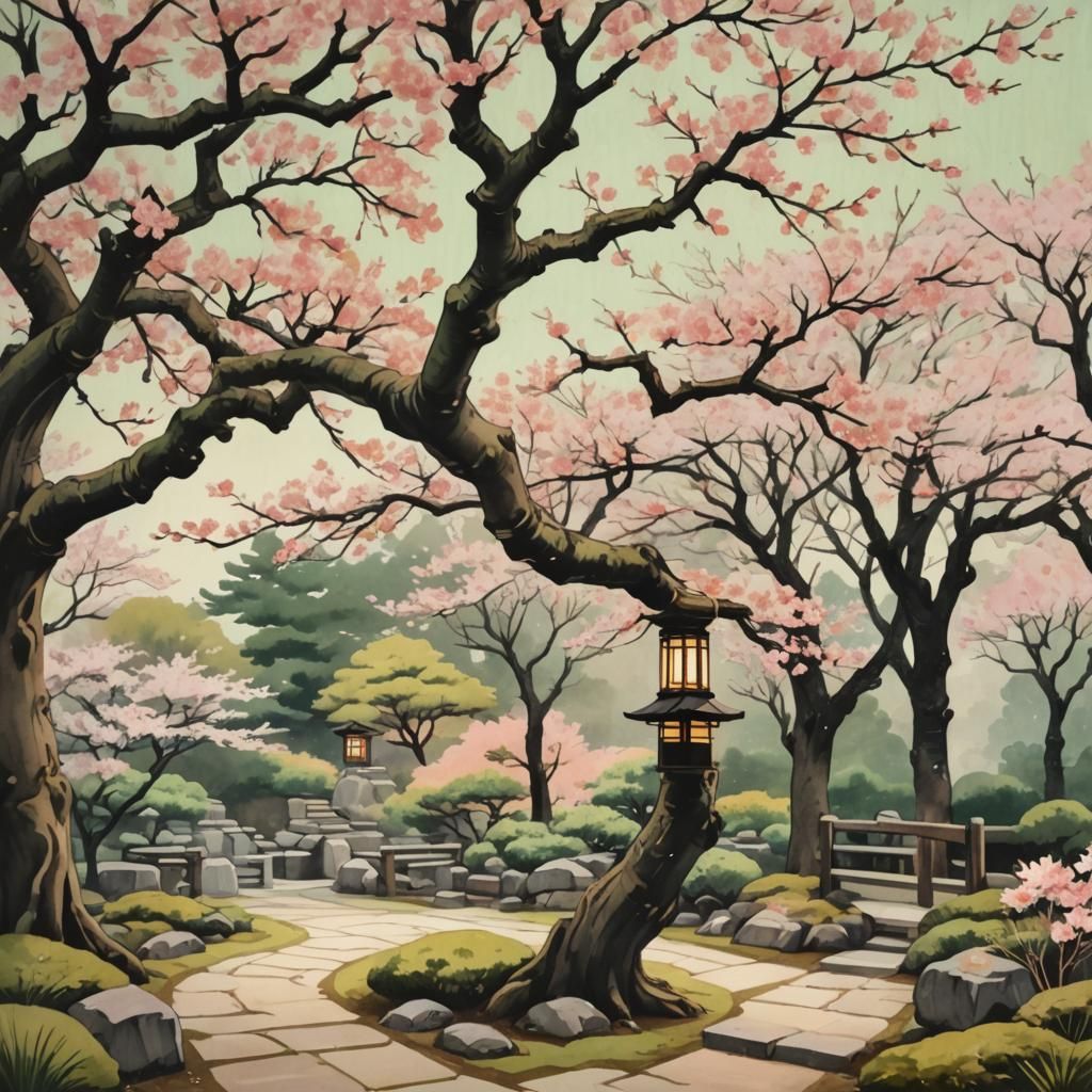 Cherry Blossom Tree in Ukiyo-E Garden