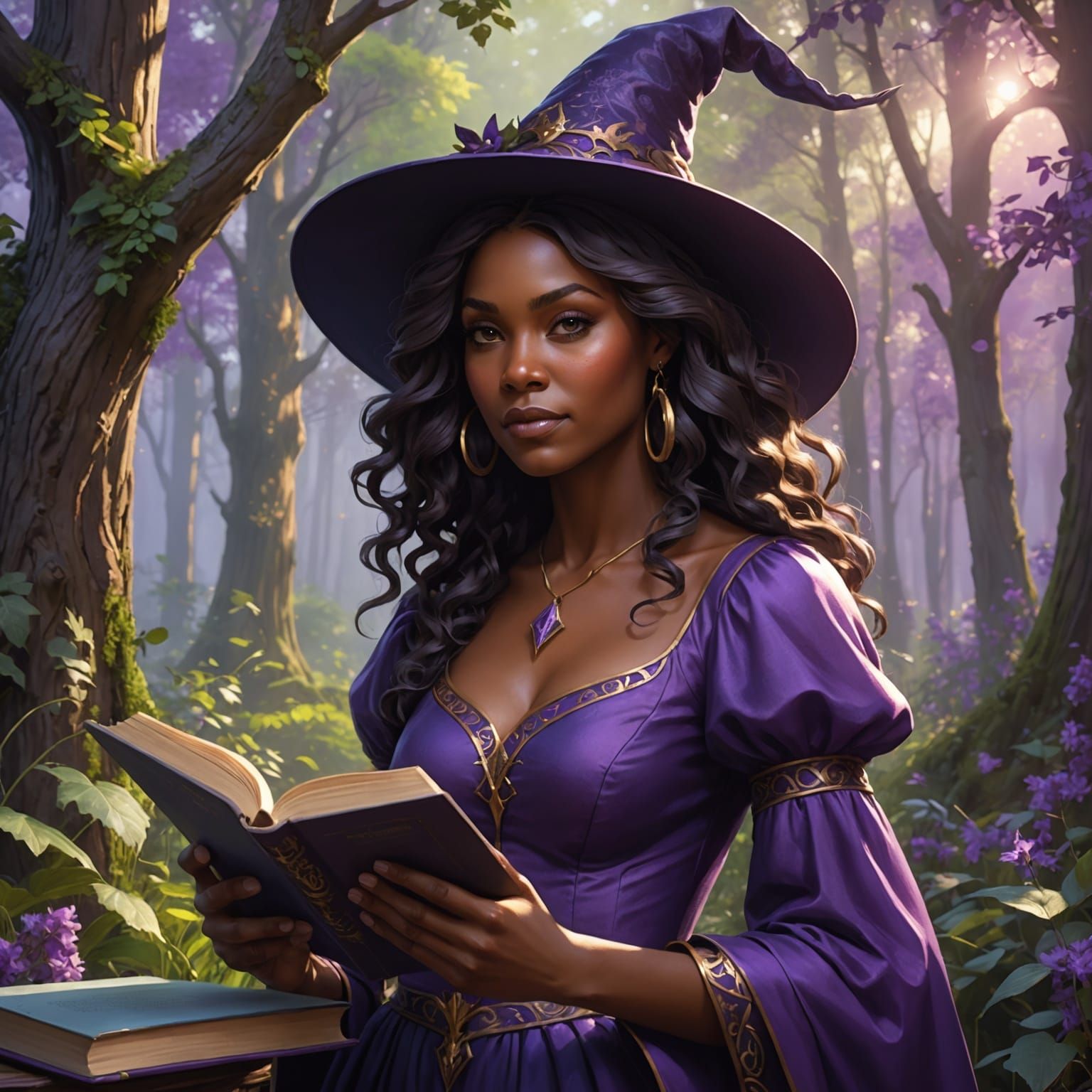 Beautiful African American Witch Reading in Forest