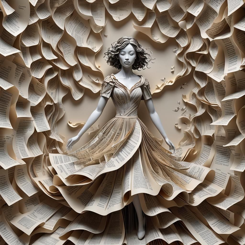 Create a detailed 3D render of a woman made of paper, emerging from an open book. Her dress is crafted from a single she...