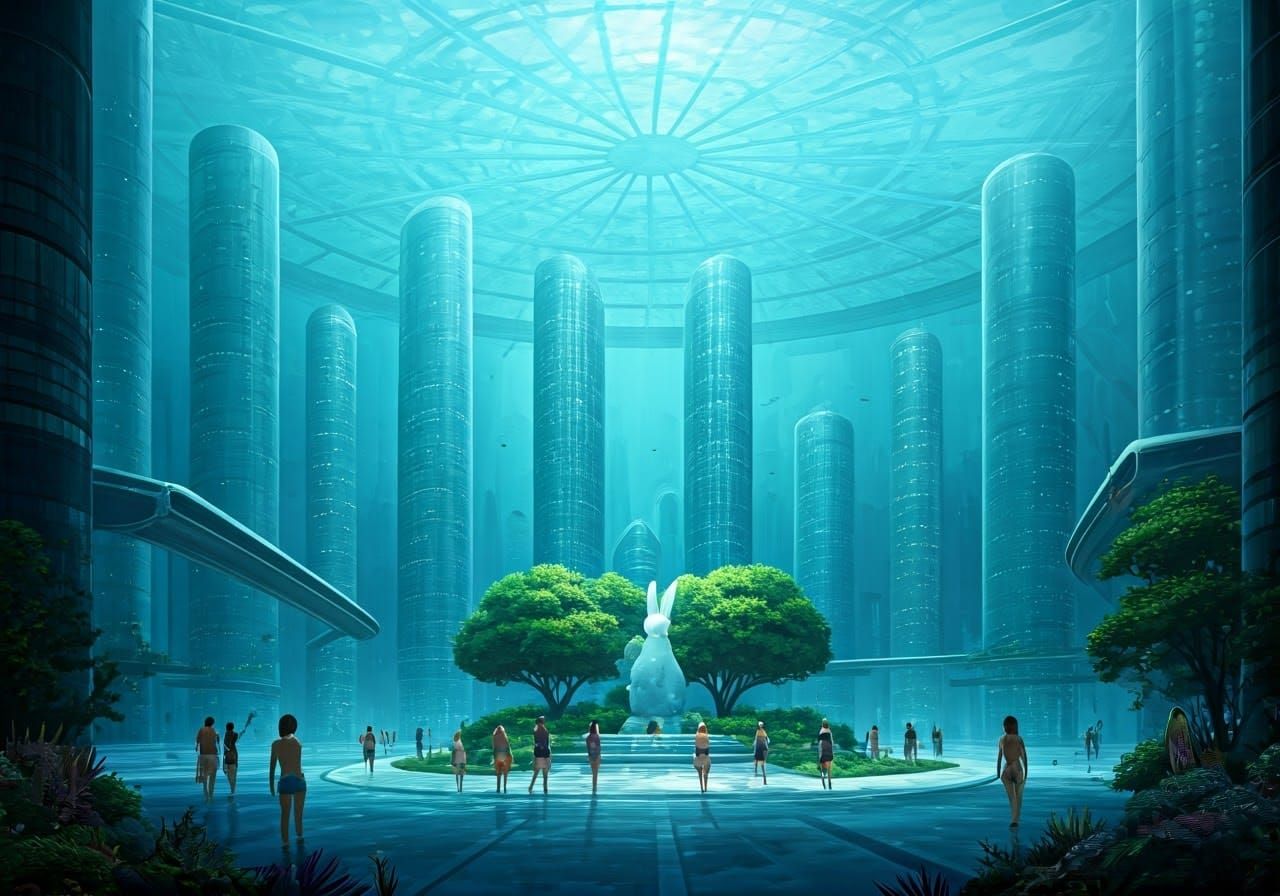 Underwater City with Park Inside Glass Dome