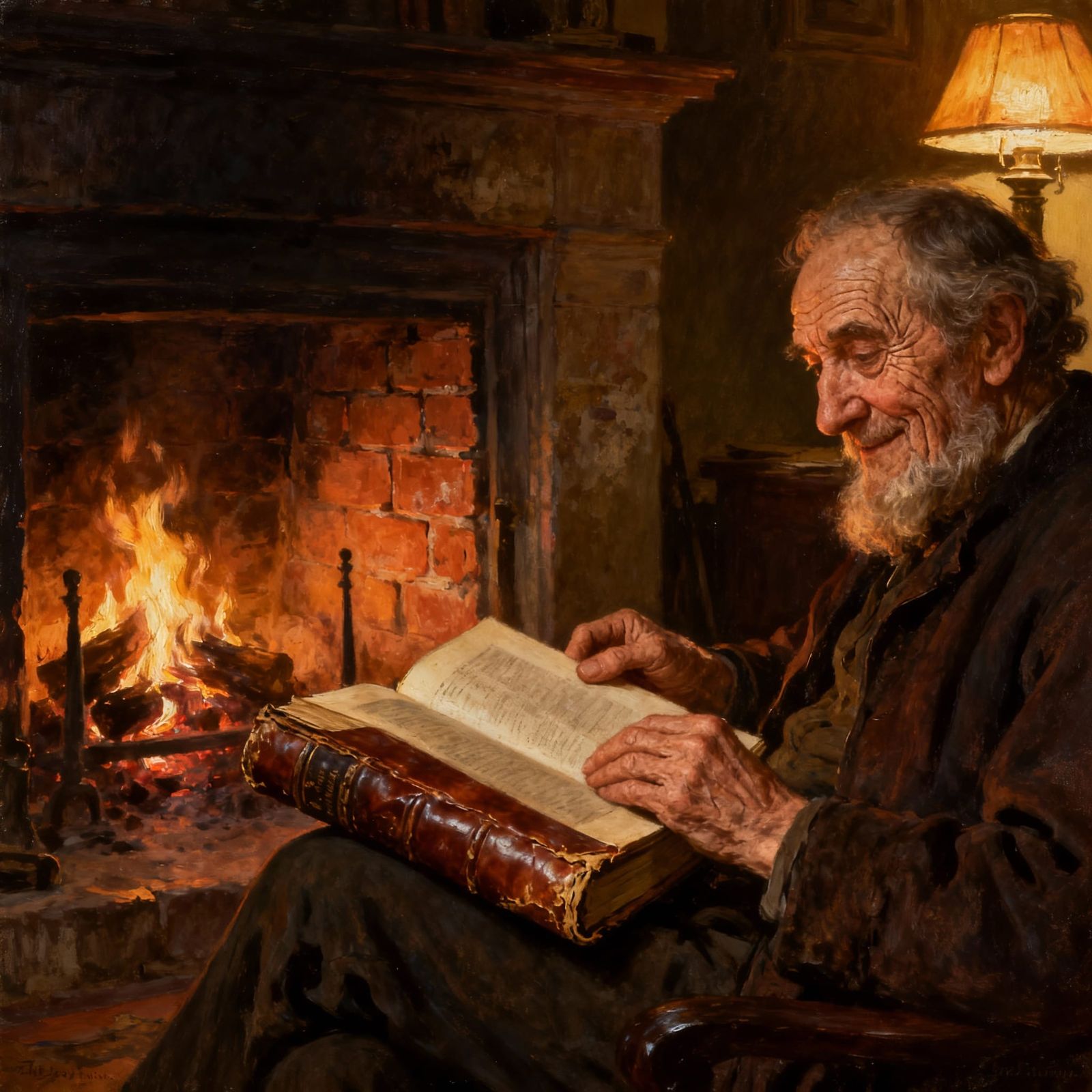 Old Man Reading by Fireplace in Classical Oil Painting Style