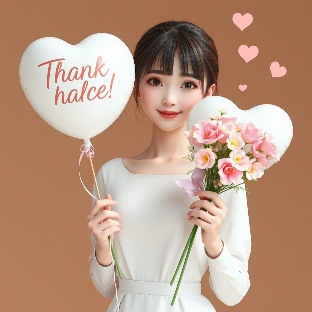 Anime Style Woman Holding Flowers and Balloon