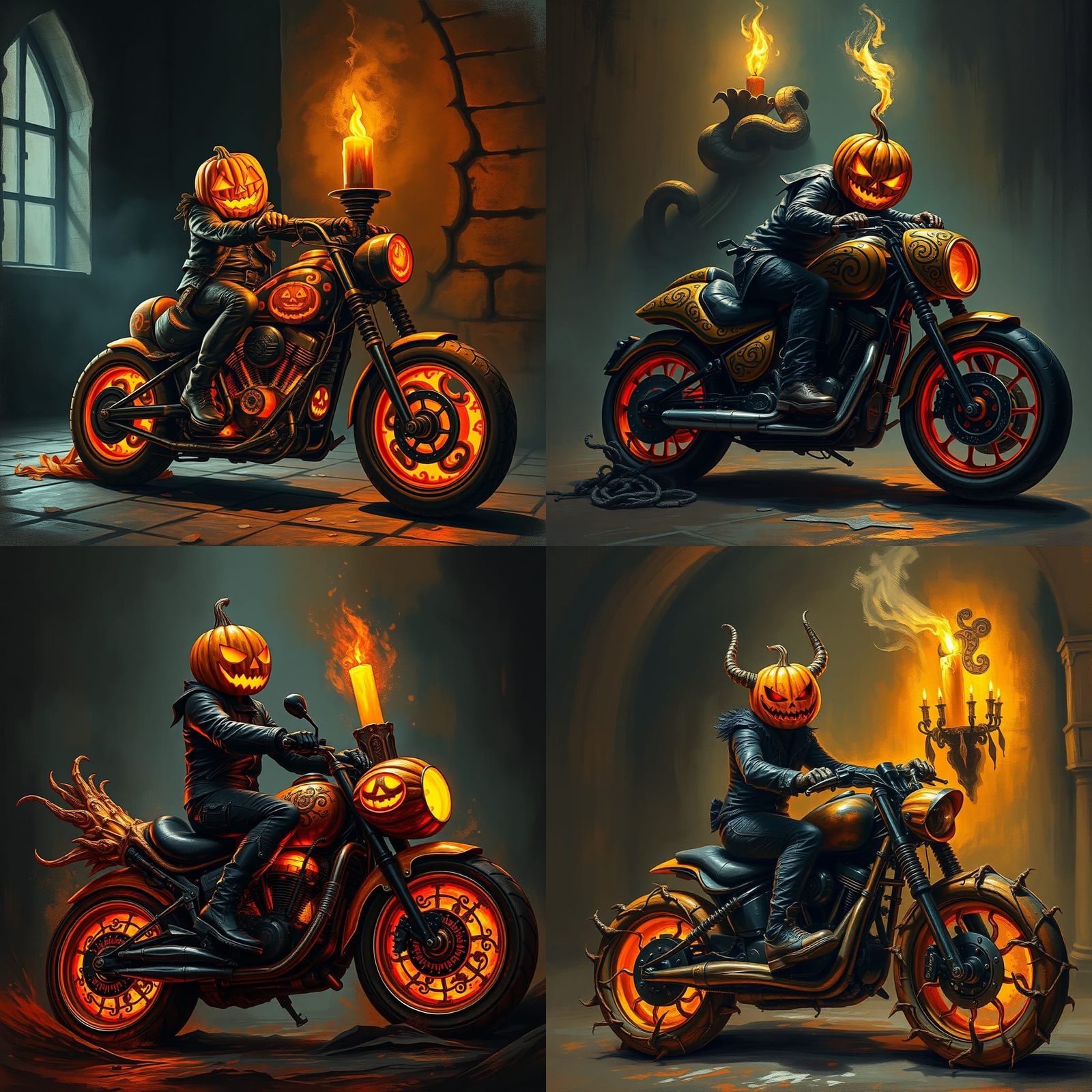 Pumpkin Biker on Halloween Motorcycle in Gothic Style