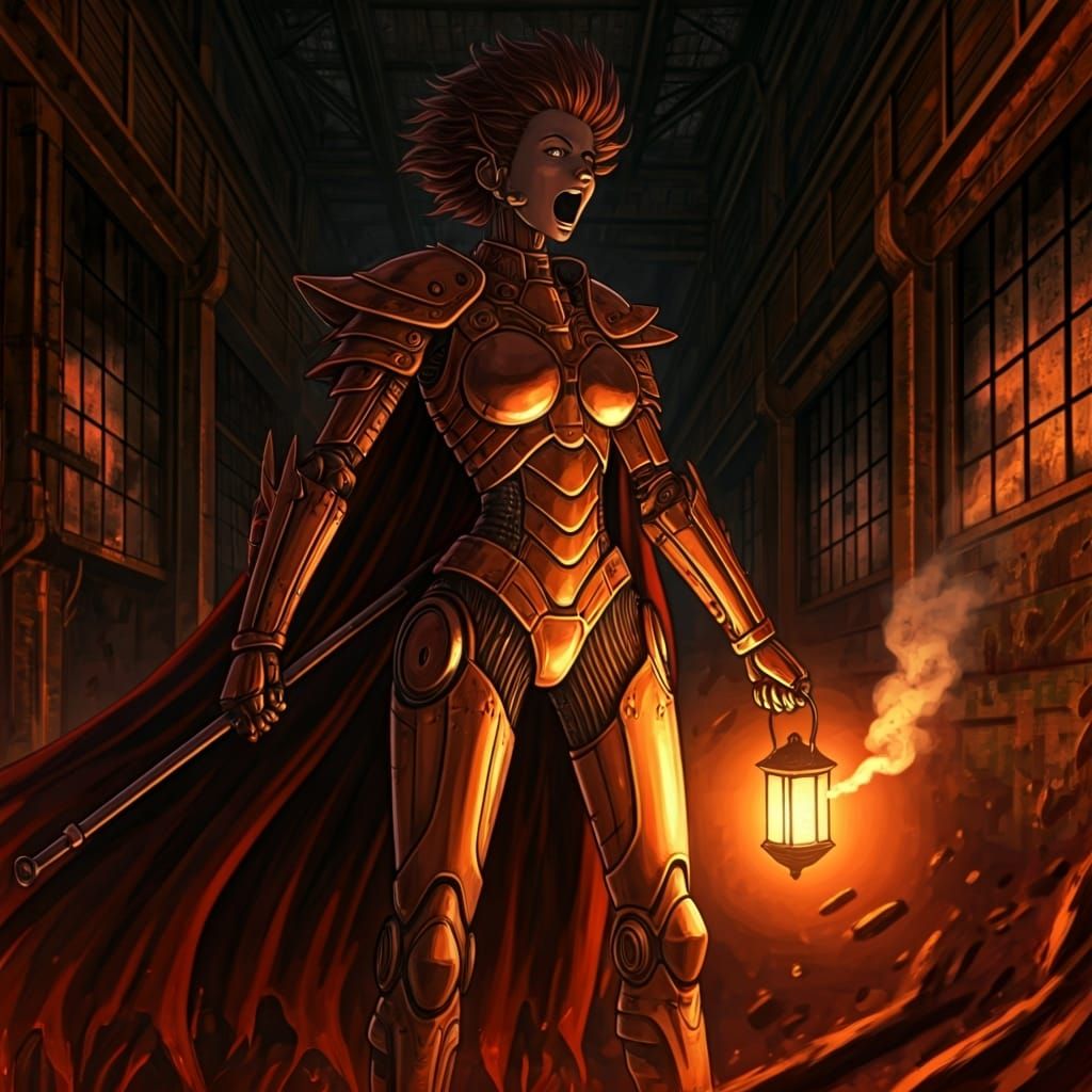 Steampunk Cyborg Yelling in Despair: Cel-Shaded Art