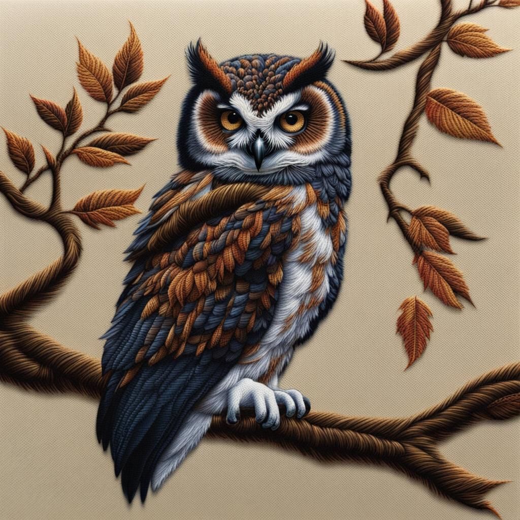 Elegant Owl Embroidery Art in Deep Colors