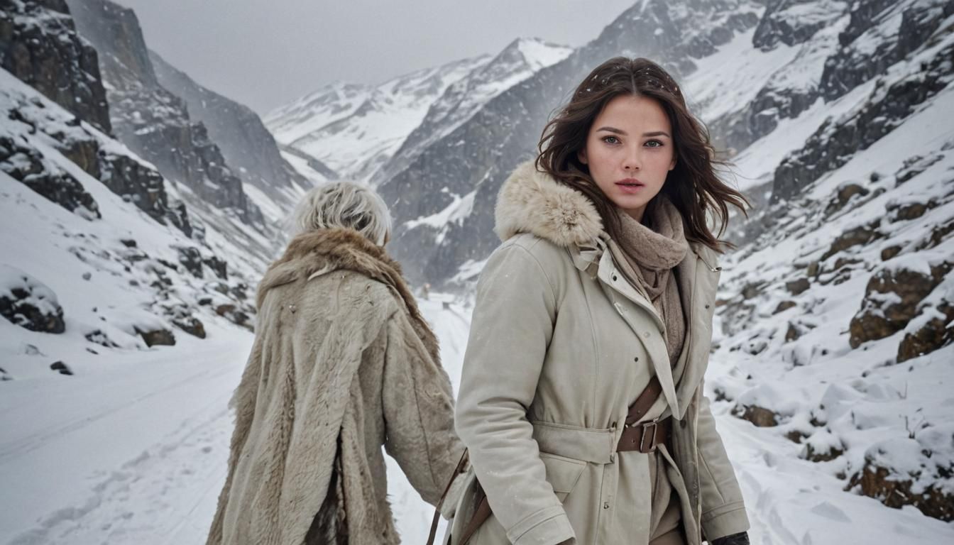 Post-Apocalyptic Outdoorswoman in Snowy Mountain Pass