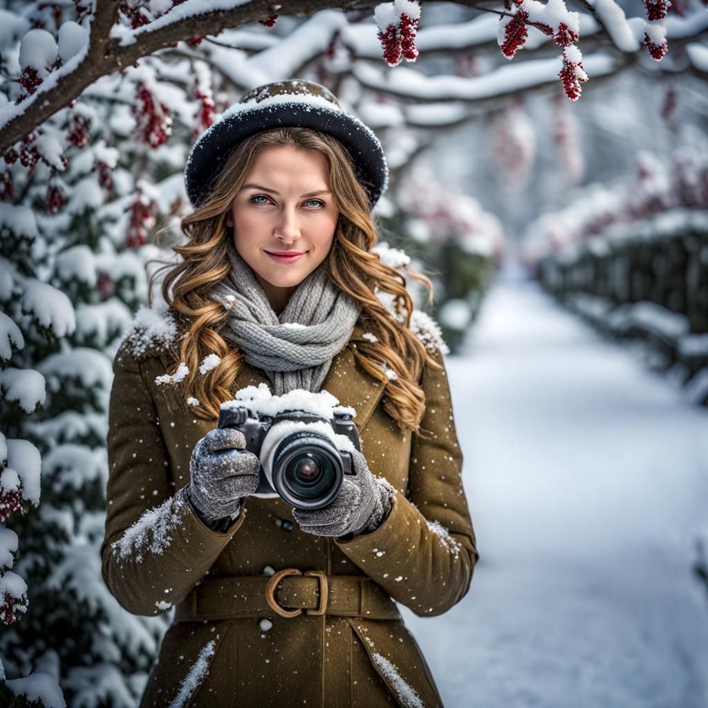 Hyperrealistic Garden Photo in Winter Outfit