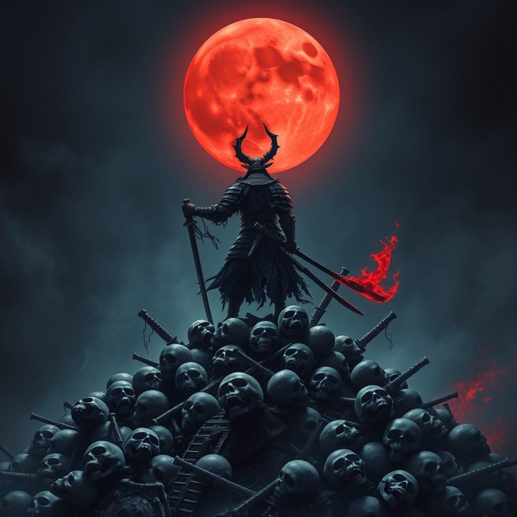 Demon Samurai on Skull Mountain in Gothic Style