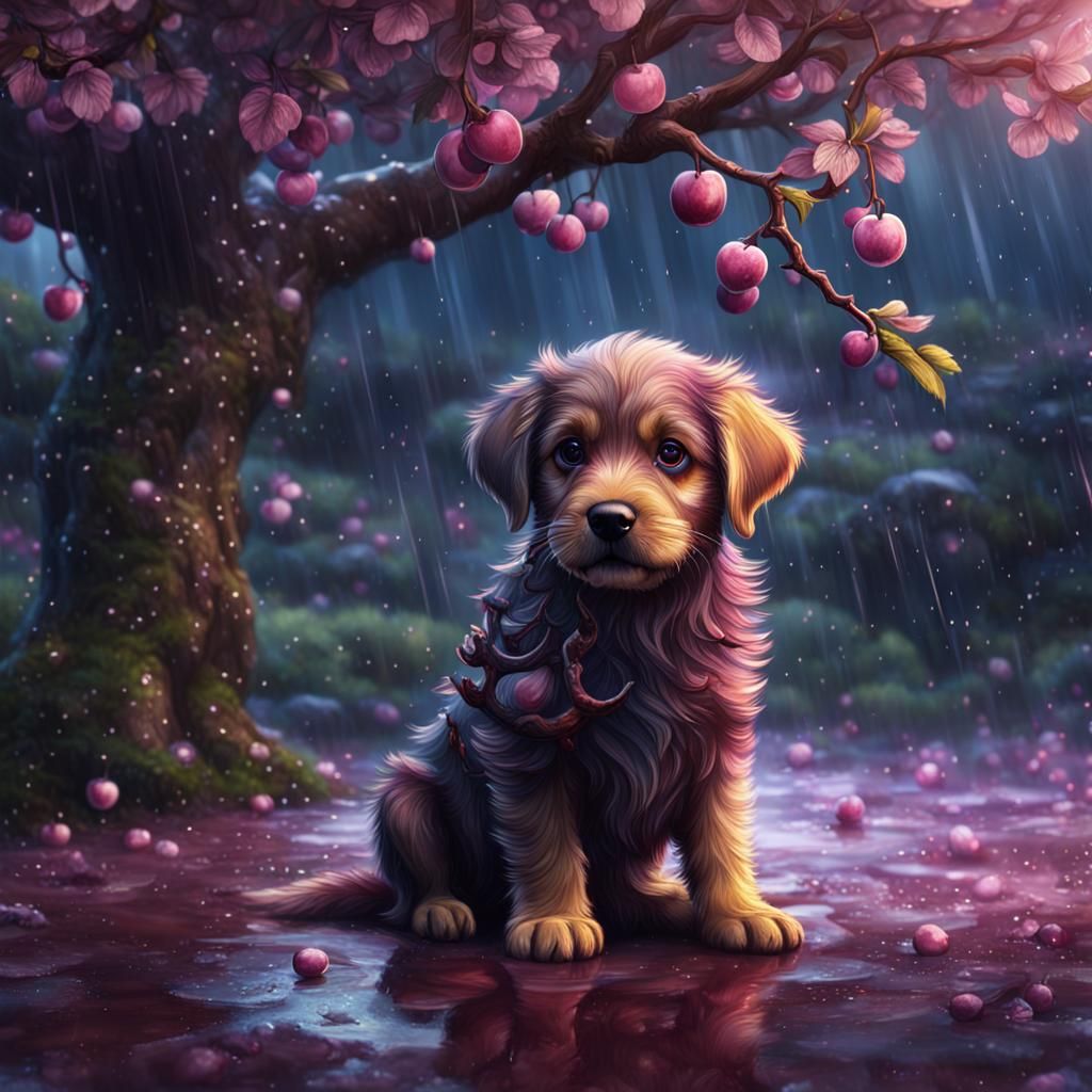 Puppy Under Plum Tree: Fantasy Matte Painting