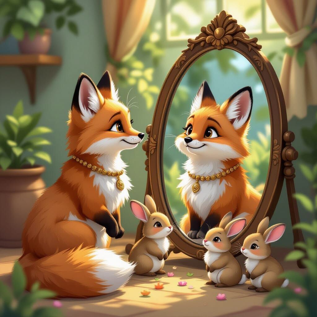 Dapper Fox Admires Itself in Antique Mirror
