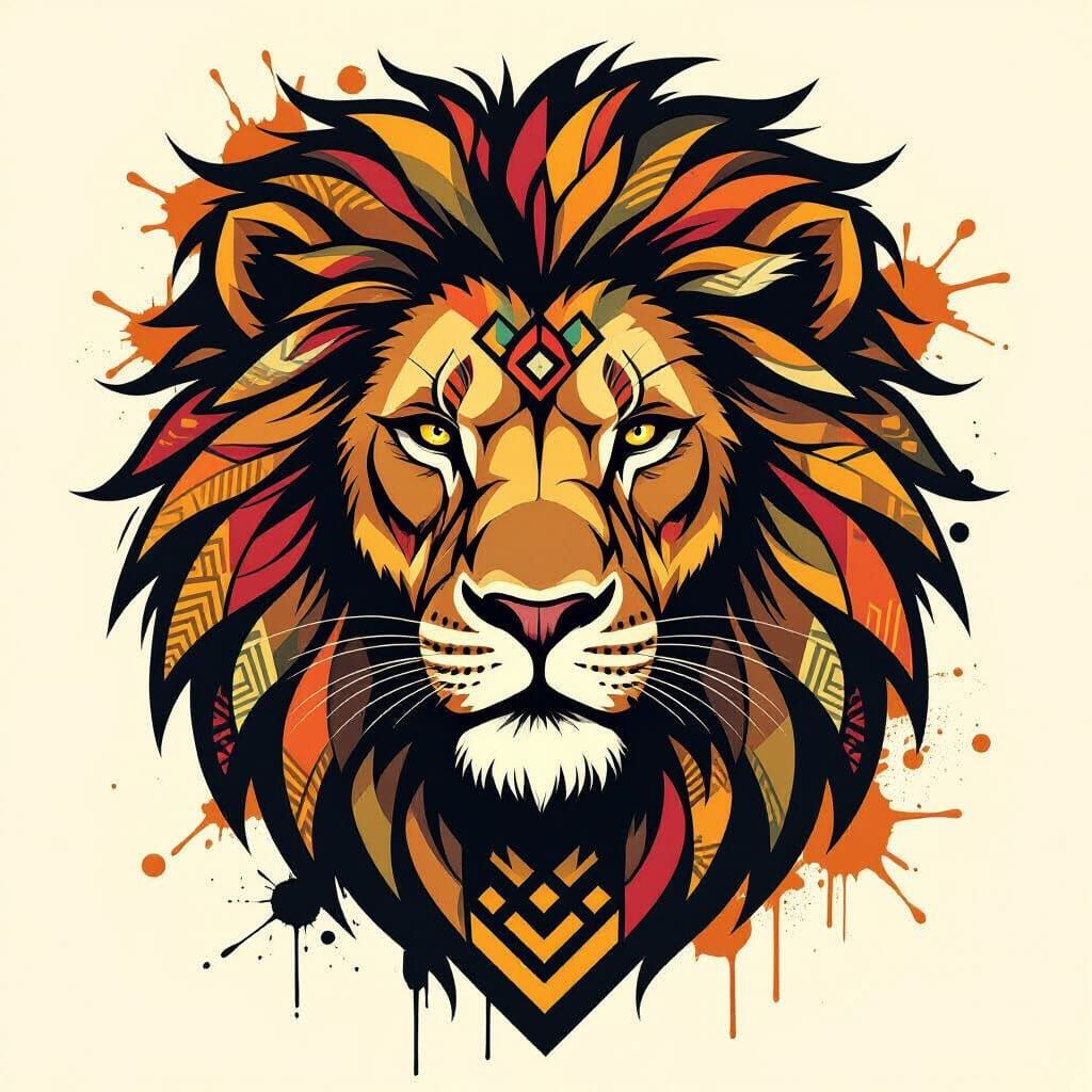 Tribal Lion Art with Geometric Patterns in Earthy Tones