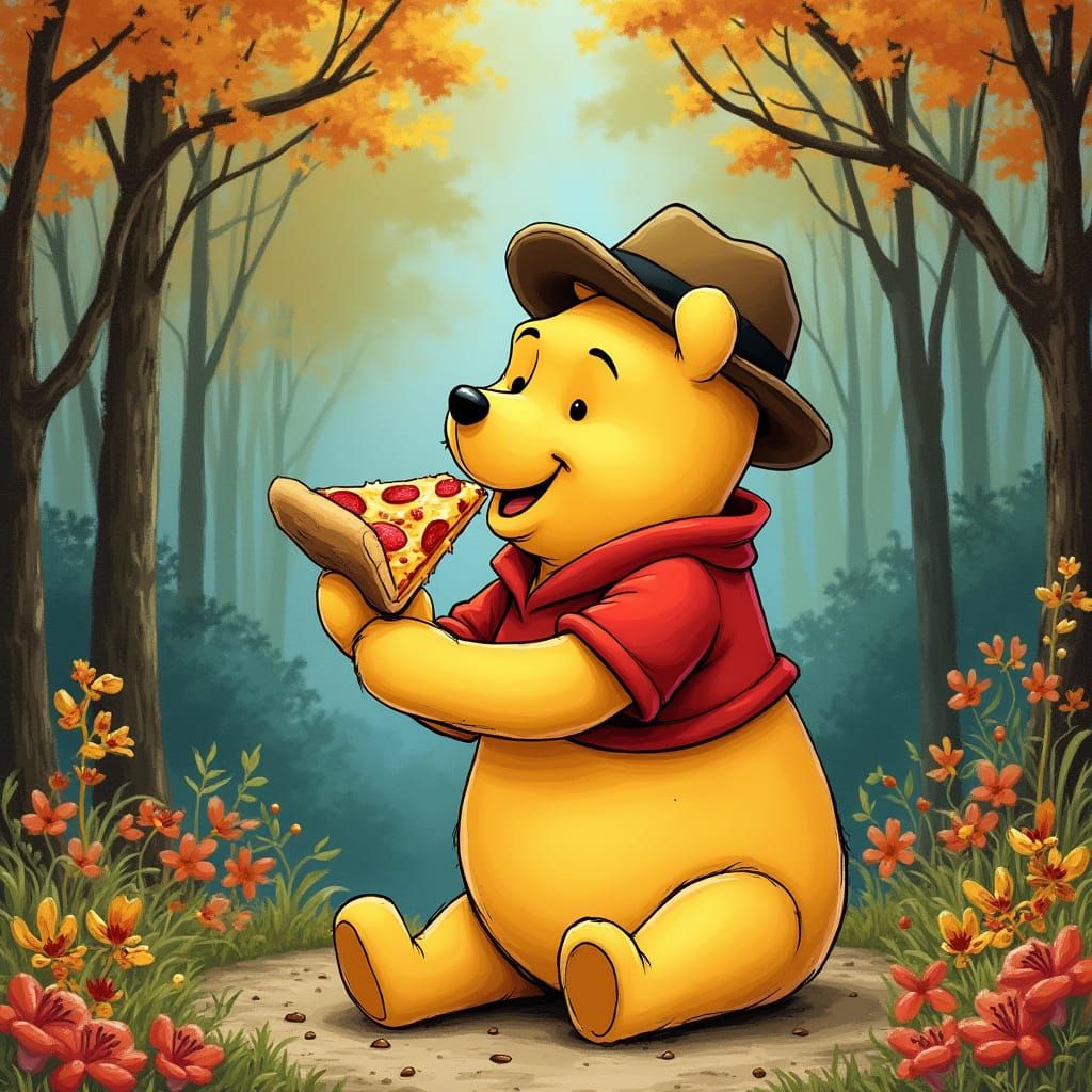 Winnie the Pooh Eats Pizza: Storybook Illustration