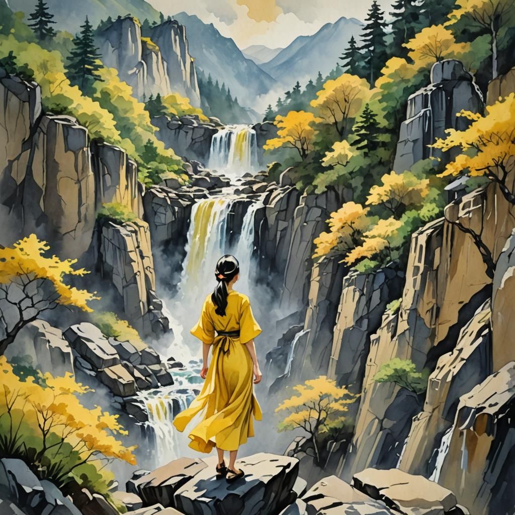 Woman in Yellow Dress, Gouache Watercolor Landscape