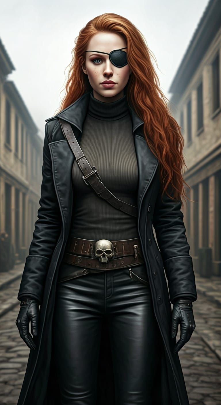 Red-Haired Woman with Eyepatch in Digital Matte Painting Sty...