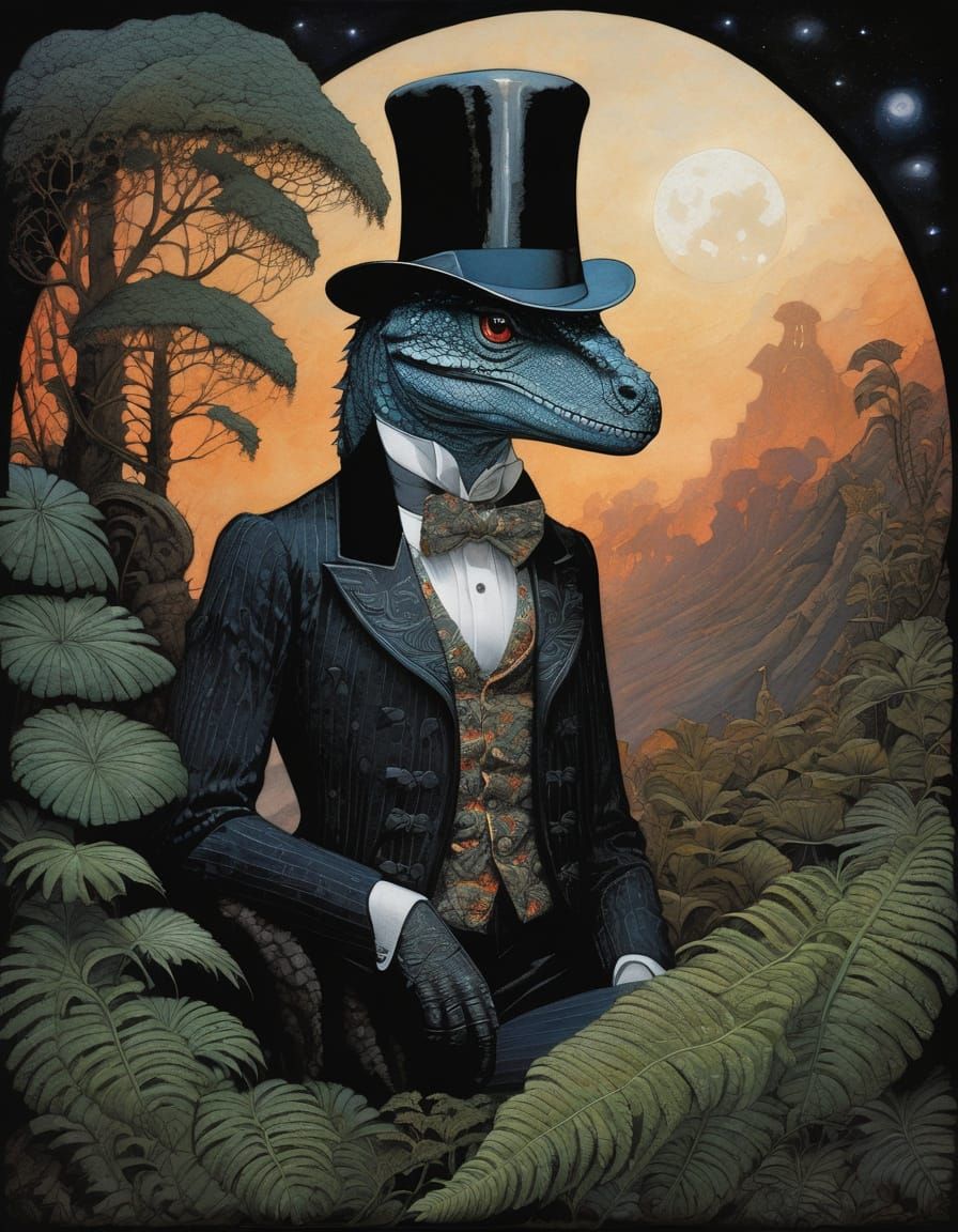 Dinosaur Gentleman in Rocky Valley Under Moonlight