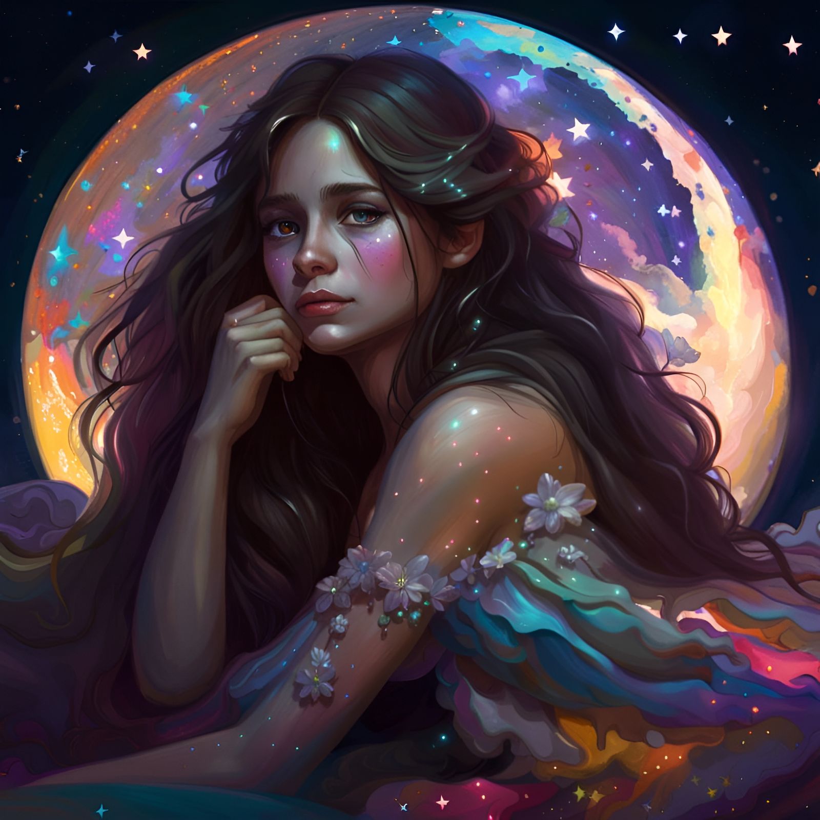 Sad Girl on the Moon in Dark Fantasy Style