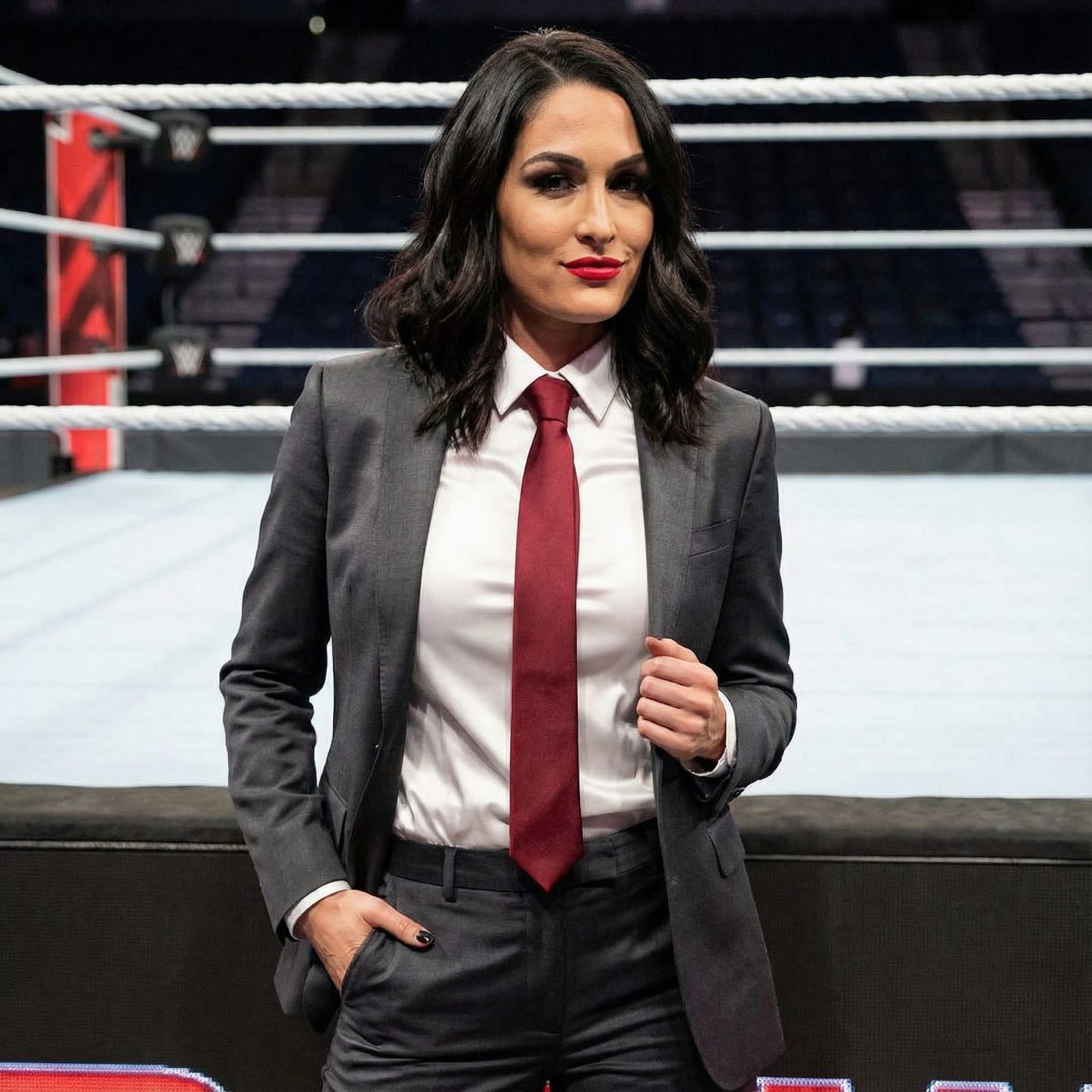 Nikki Bella Dominates in Sharp Charcoal Suit