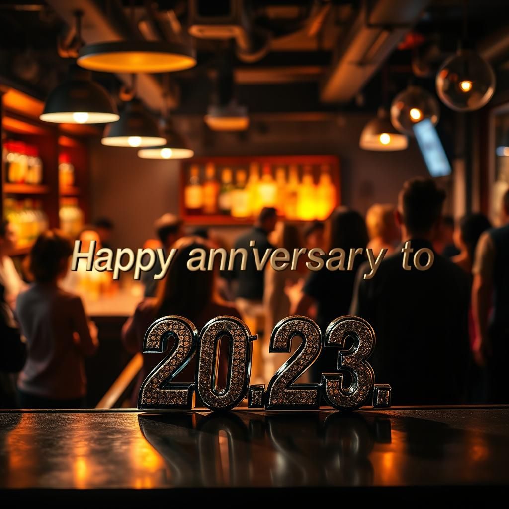 Energetic Bar Scene with Anniversary Graffiti