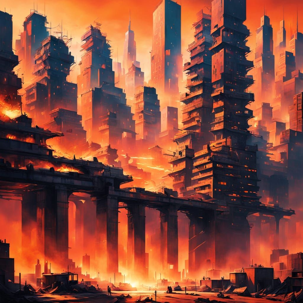 Surreal Cityscape Under Scorching Sun in Oil Painting