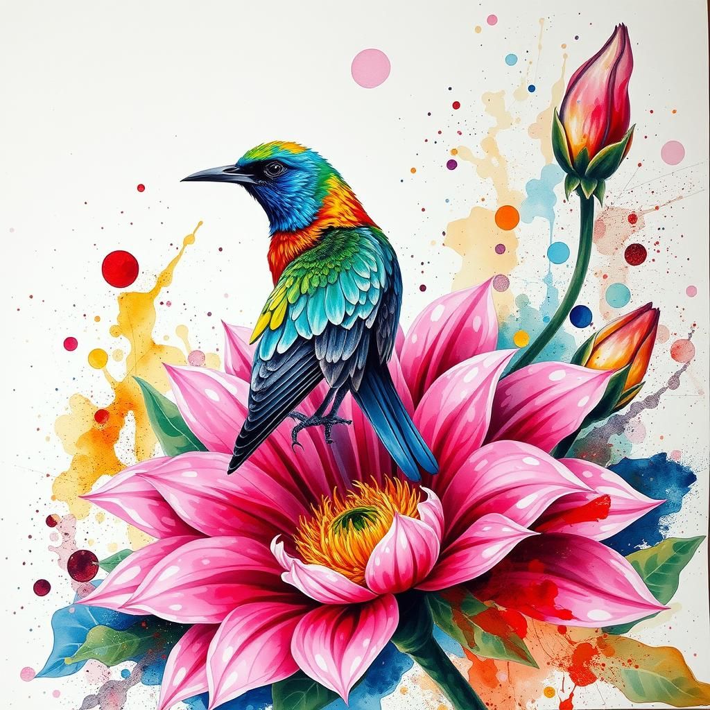 Fantasy Bird on Vivid Pink Alcohol Ink Flower